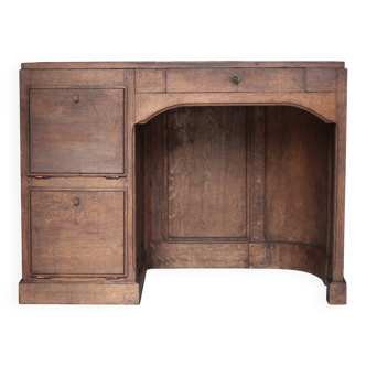 Old oak wood desk, rounded counter desk, wooden furniture, decor.
