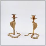 Pair of engraved brass cobra candlesticks - 1960s