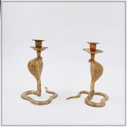 Pair of engraved brass cobra candlesticks - 1960s