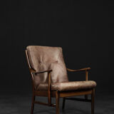 Vintage mid-century danish modern beech & brown leather armchair from farstrup møbler, 1970s