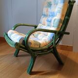 Large vintage green bamboo rattan armchair from Gâtinais with cushion