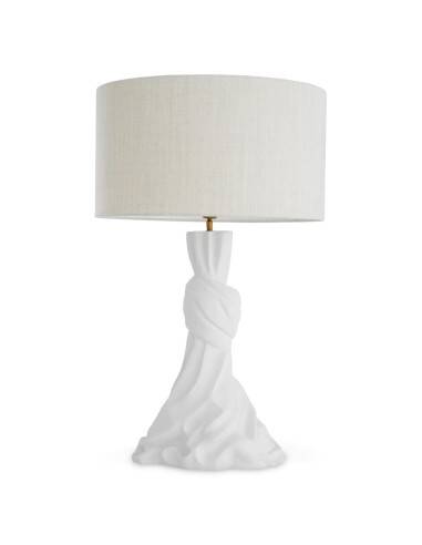Pair of white and brass table lamps, linen shades.