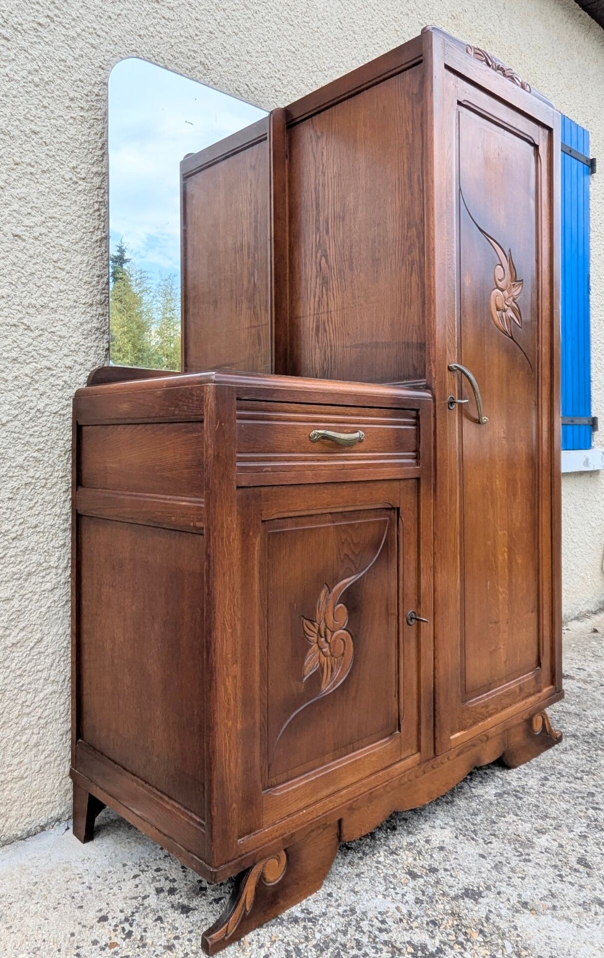 Armoire coiffeuse Penderie Miroir asymétrique Art Nouveau chêne 1916
