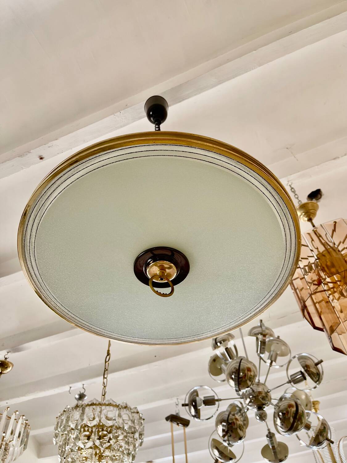 Glass and brass pendant light in the style of Pietro Chiesa, Italy 1970s