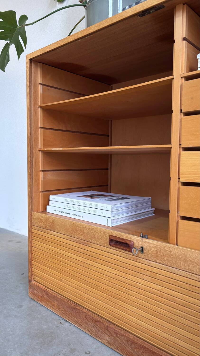 Vintage tambour cabinet - archive in oak