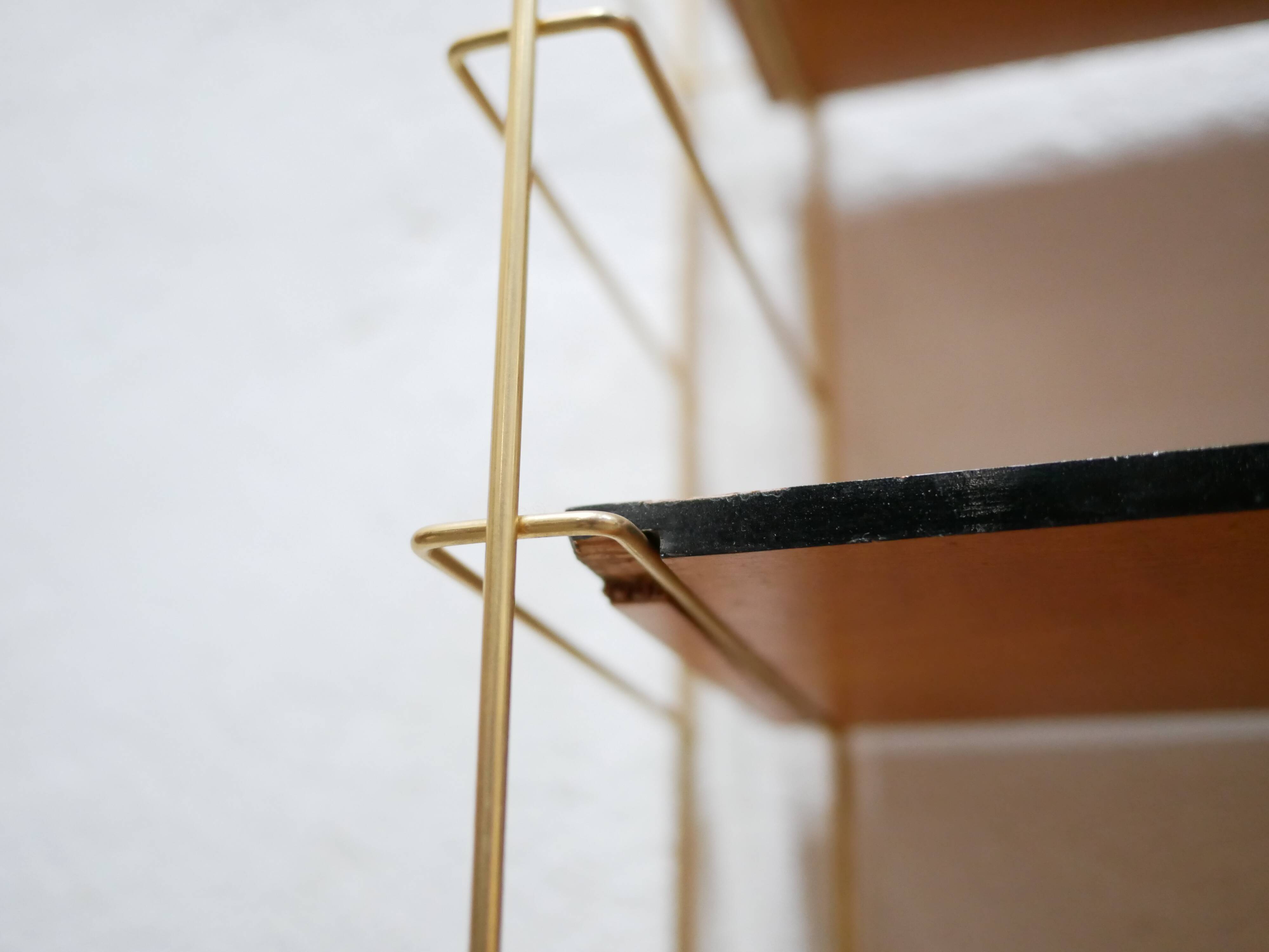 Vintage modular wall shelf in brass and wood
