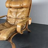 Fauteuil de salon suédois en cuir et bois courbé par Jan Bengstsson, années 1970
