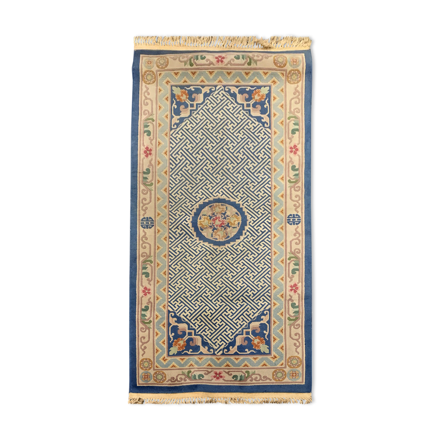 Handmade Blue Wool Chinese Rug- 92x185cm