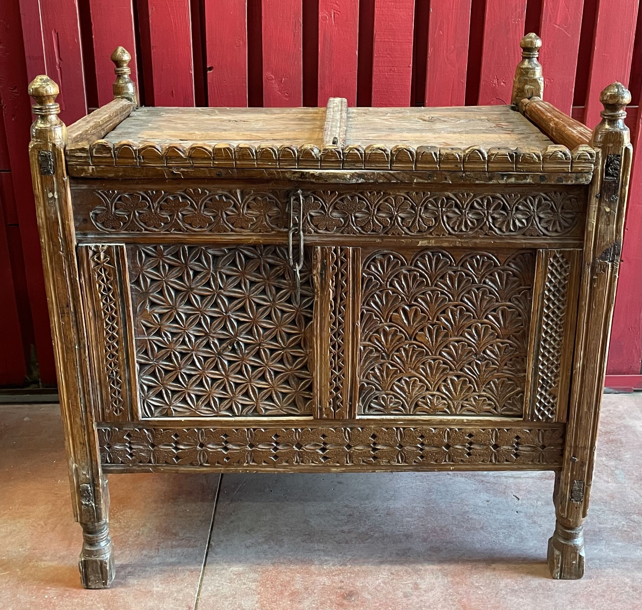 Afghanistan XIXth century wedding chest entirely hand-carved with floral decorations.