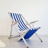 Chaise longue - Transat ancien en tissu rayé bleu et blanc