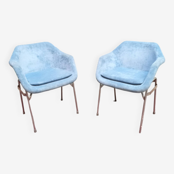 Pair of blue and chrome lounge armchairs design 1970