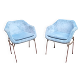 Paire fauteuils bleus et chromé lounge design 1970
