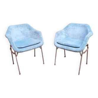 Pair of blue and chrome lounge armchairs design 1970