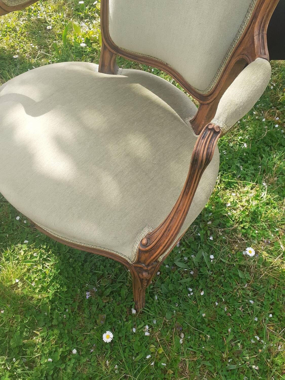 Pair of Rocaille style armchairs in green fabric and walnut, 19th century