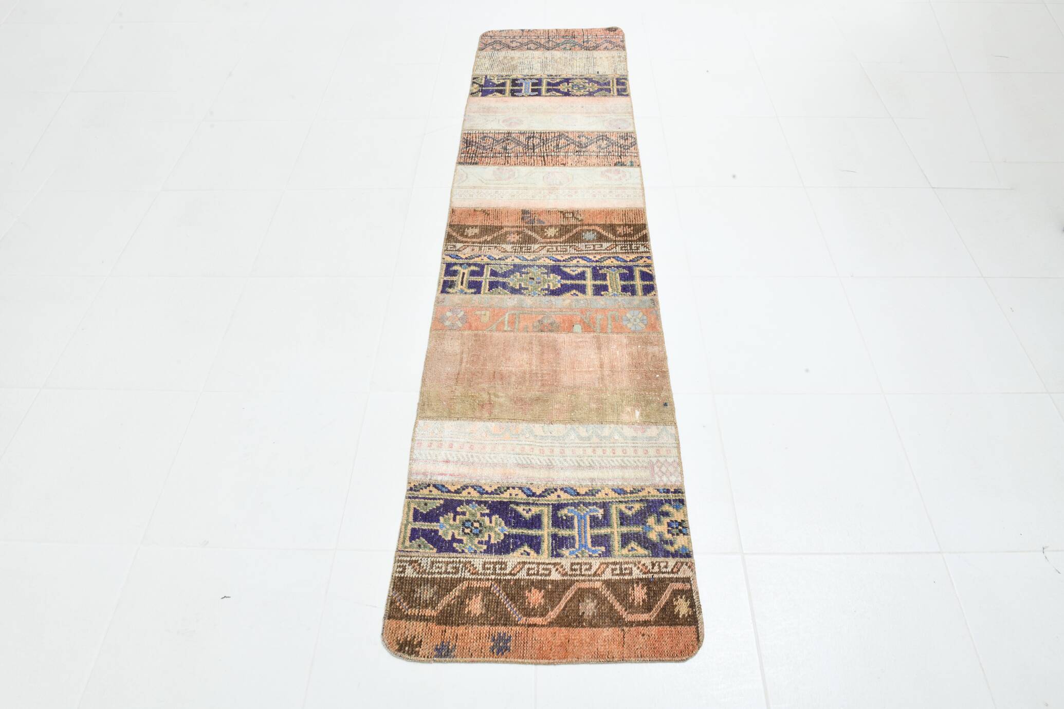 2x8 Short Blue Beige Vintage Runner Rug, 58x250Cm
