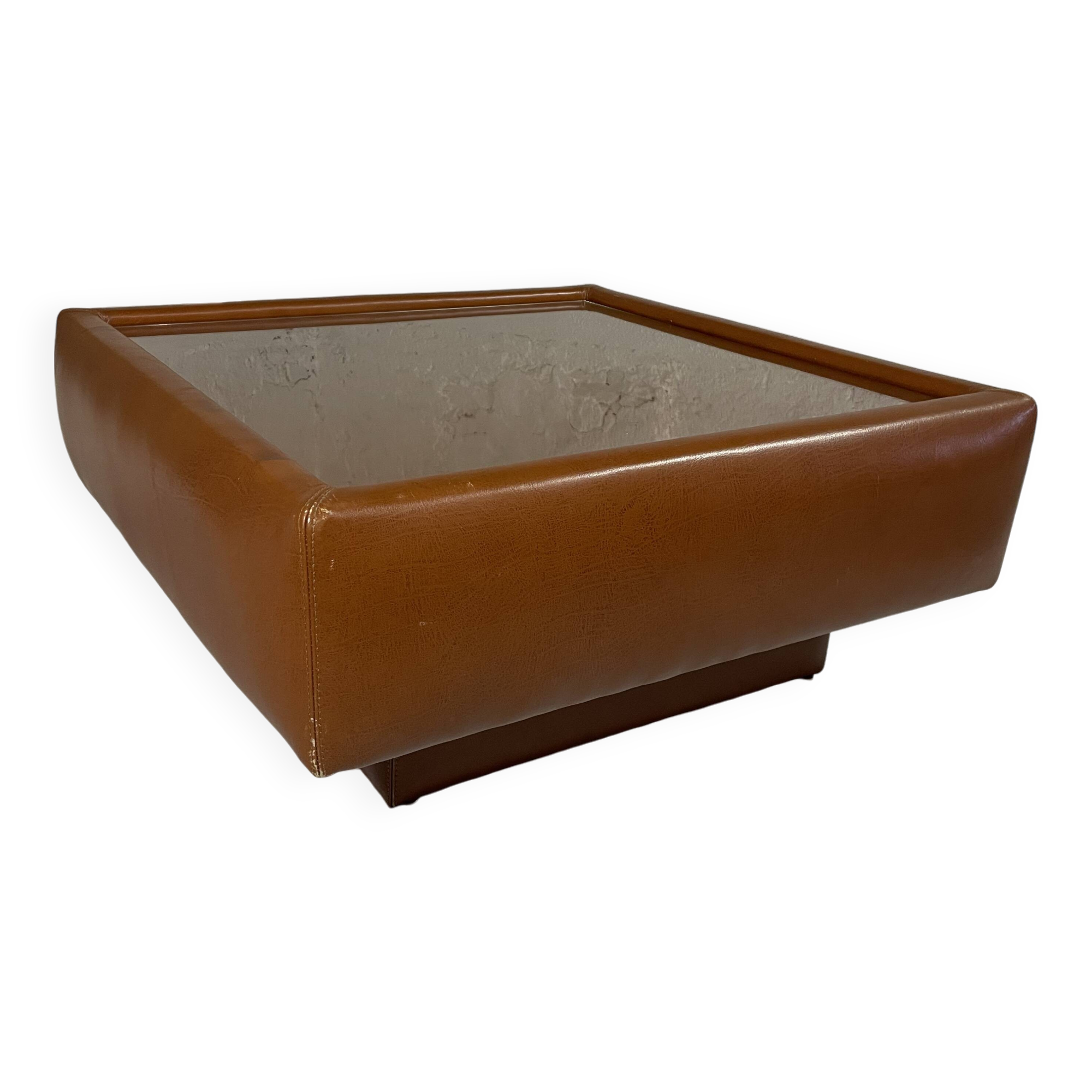 Cognac faux leather & glass coffee table