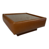 Cognac faux leather & glass coffee table