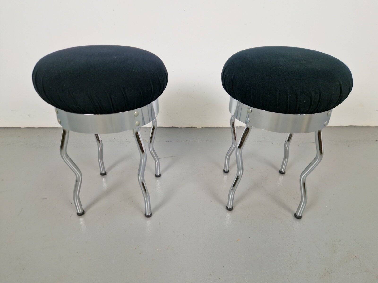 Vintage Uri Stools with Waved Chrome Legs and Black Seats by Per Ivar Ledang for Ikea, 1995, Set of 2