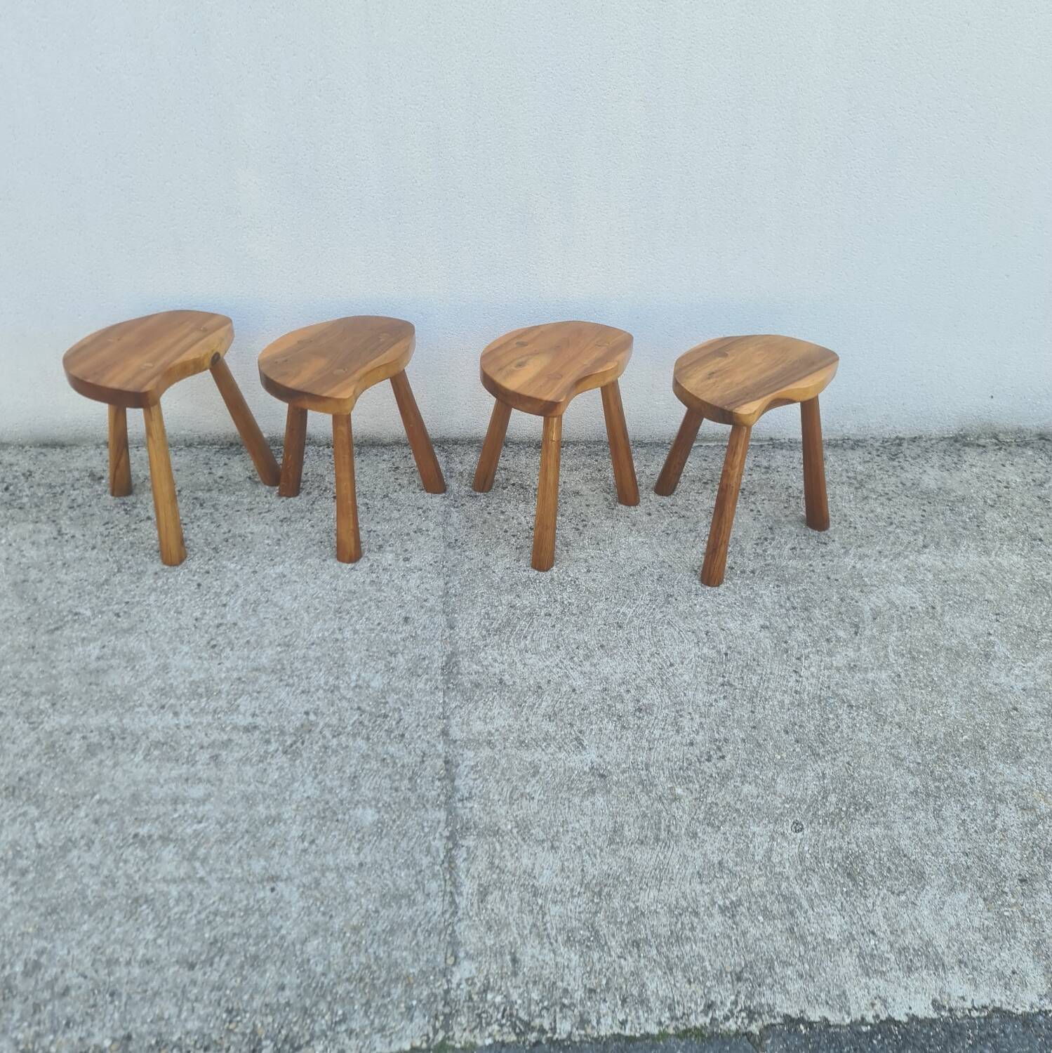 4 Vintage tripod stools, solid wood, brutalist, circa 1960