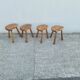 4 Vintage tripod stools, solid wood, brutalist, circa 1960