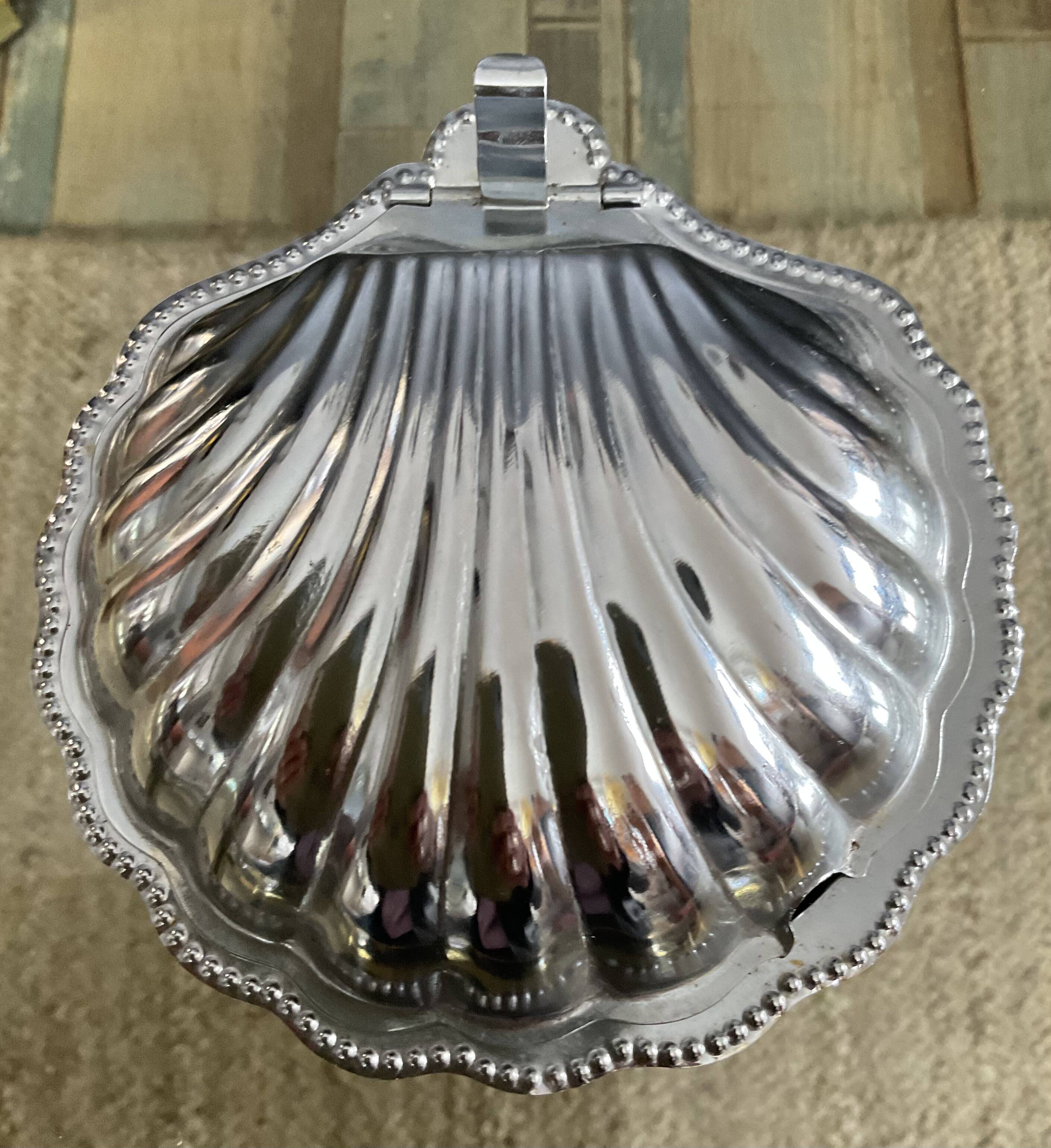 Vintage shell butter dish in glass and stainless steel
