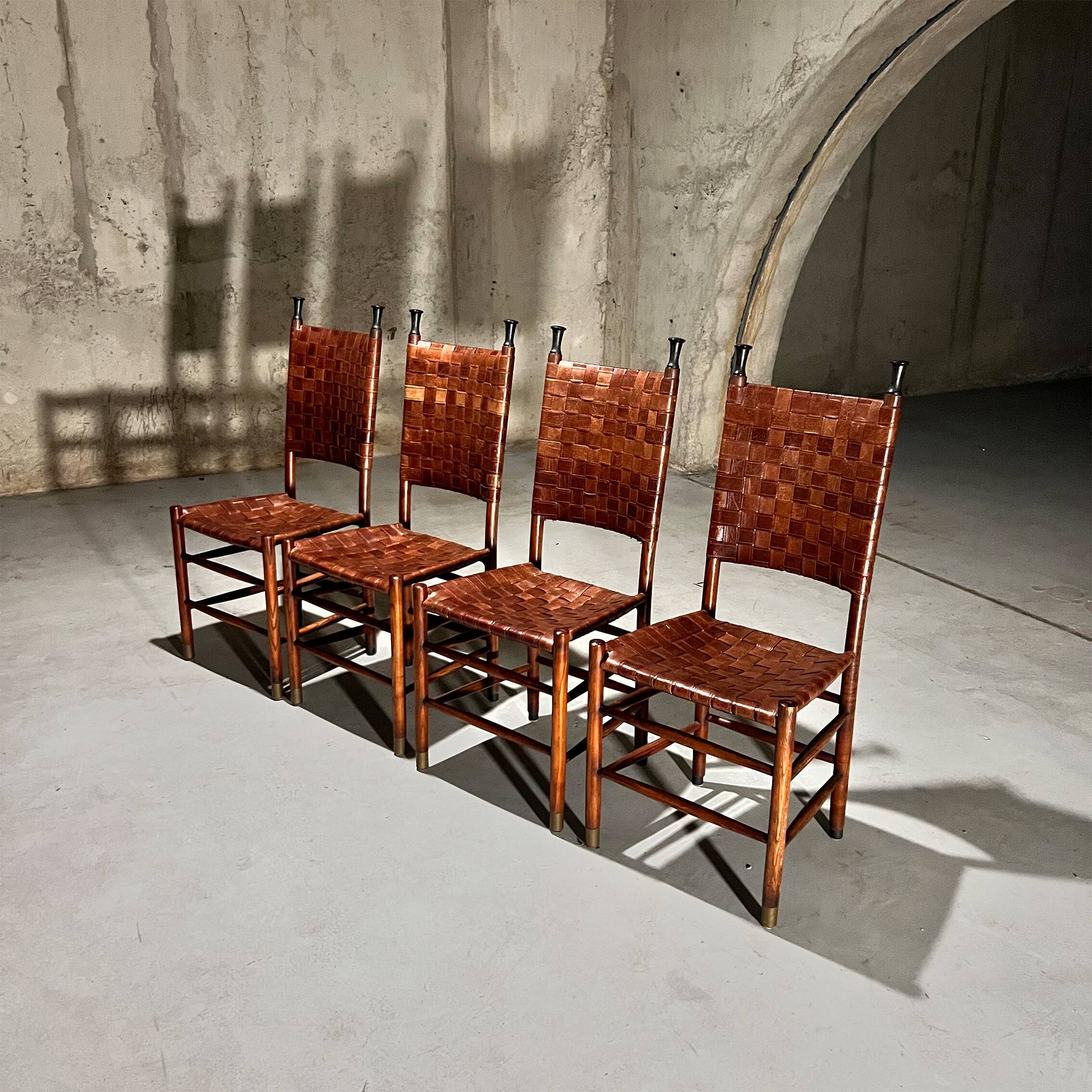 Set of 4 Pine and Leather Dining Chairs, 1970s