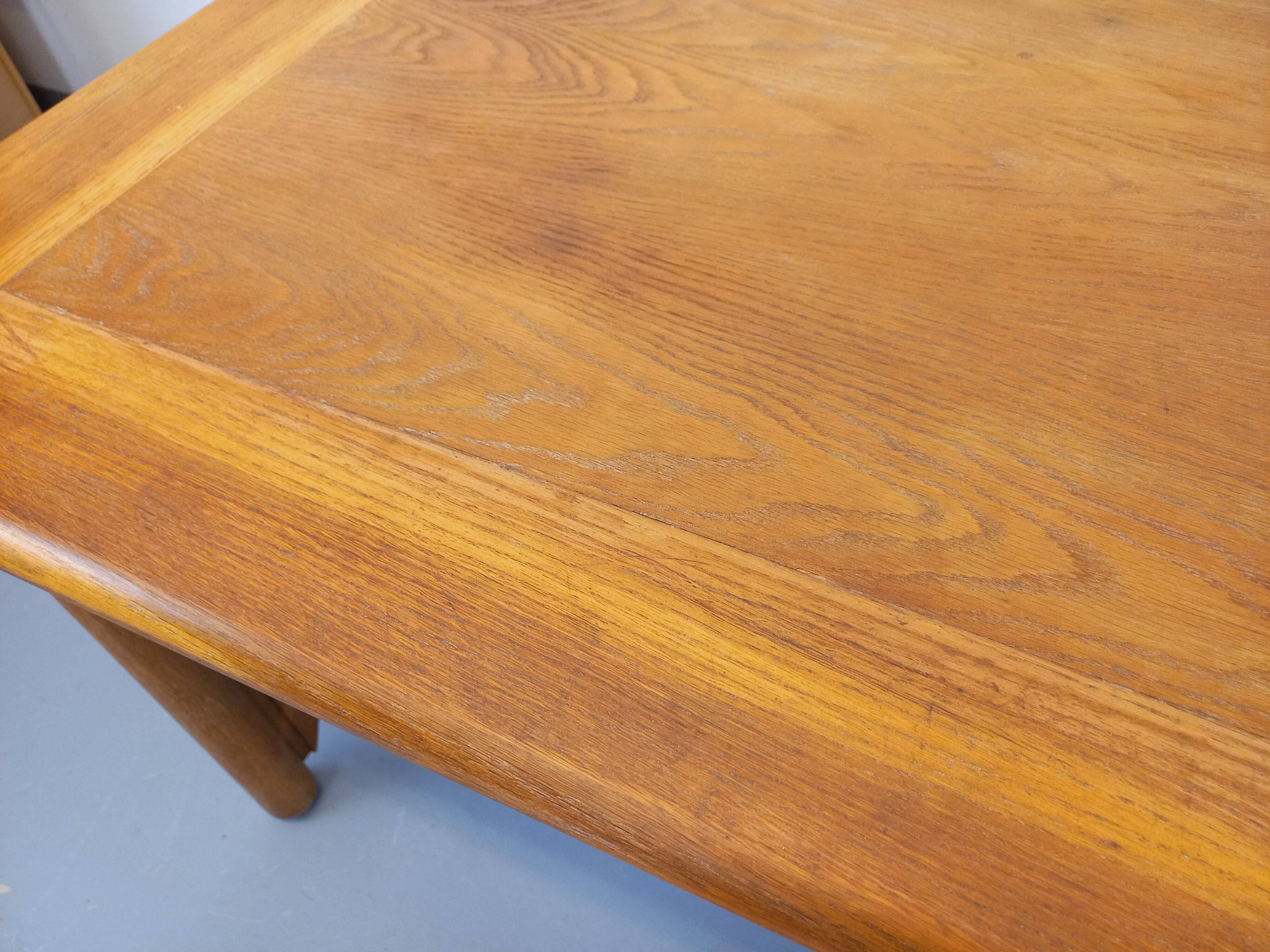 Large vintage brutalist rectangular table made of solid oak wood.