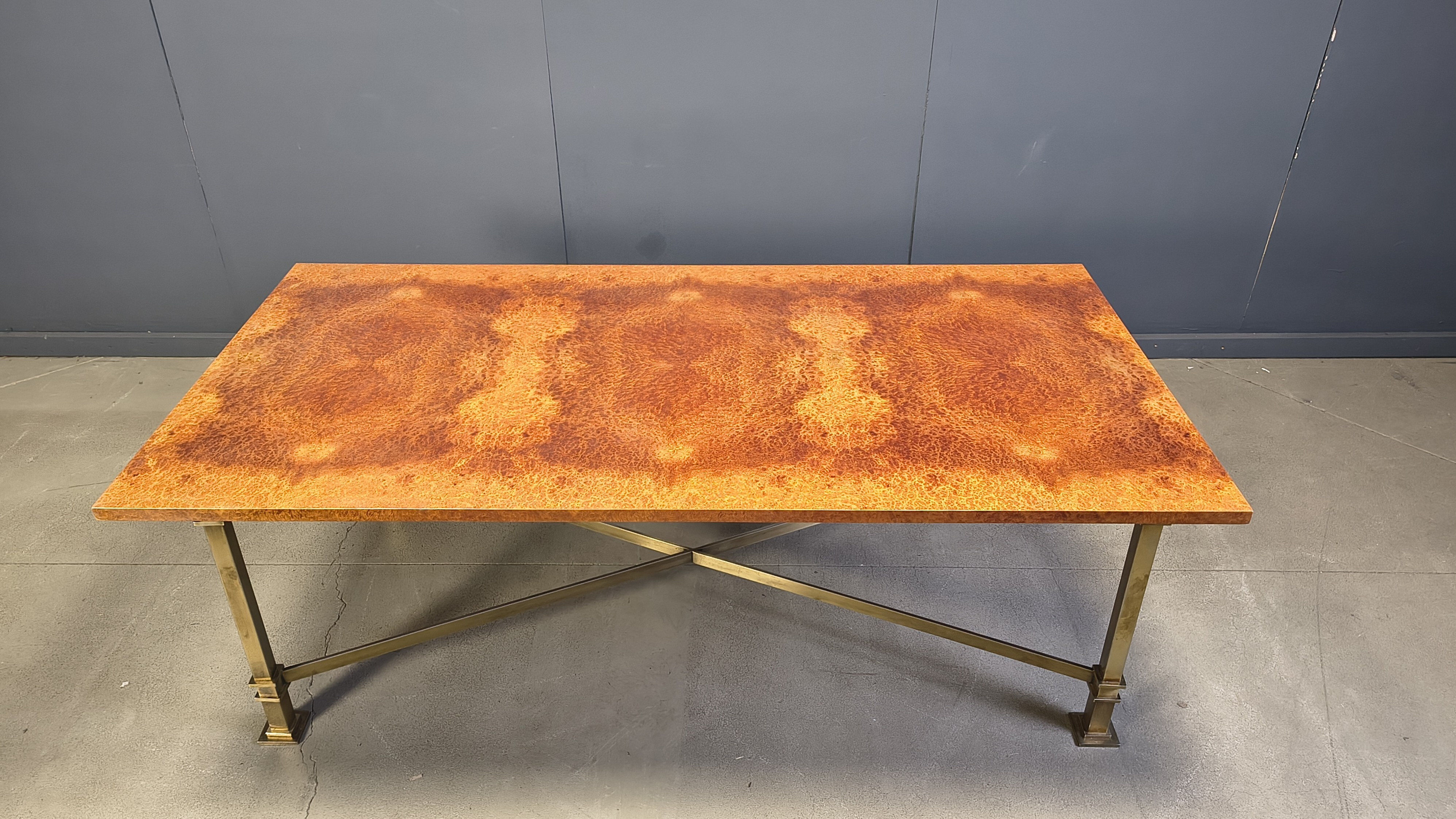 Vintage burl wood and brass dining table by Belgochrom, 1970s