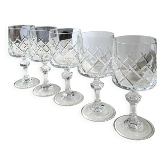 Lot 5 crystal stemmed glasses, size "crossed" Vendôme, crystal of Arques. Braces/diamond patterns