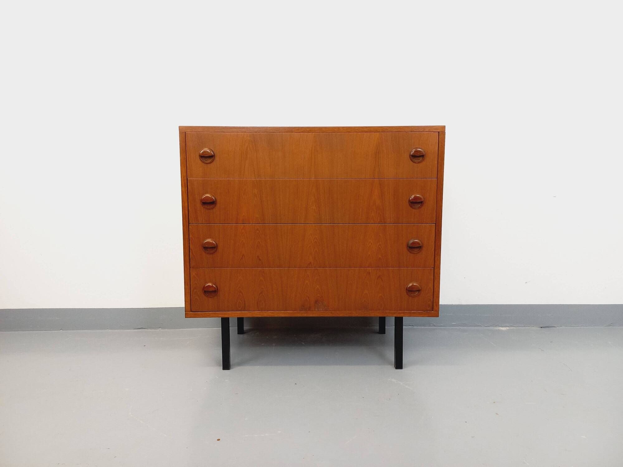 Vintage Scandinavian style chest of drawers in teak and black metal from the 60s