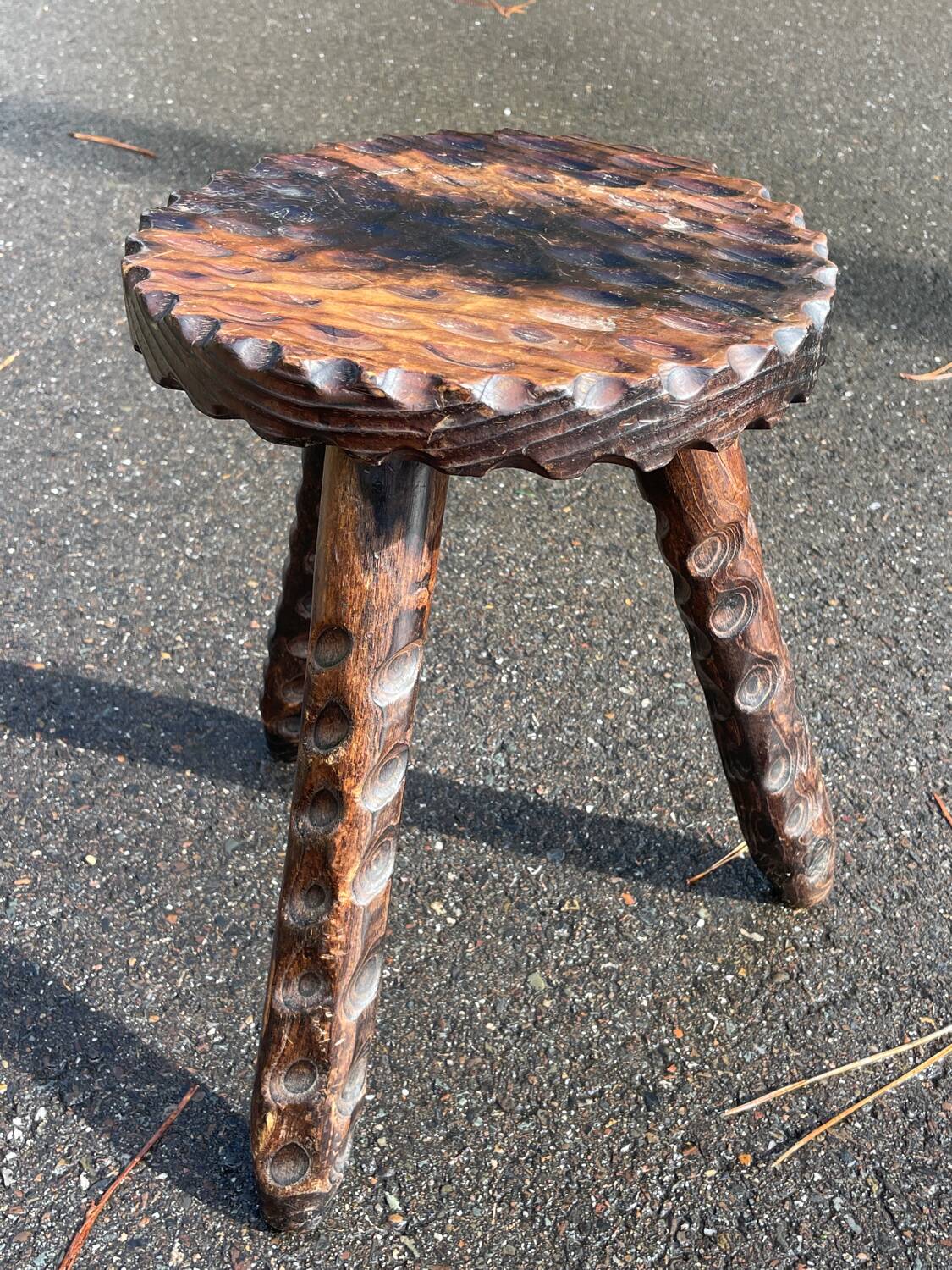Brutalist low tripod wooden stool