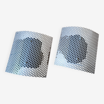 Pair of brutalist style wall lights, perforated metal plate, Italian design 1980s
