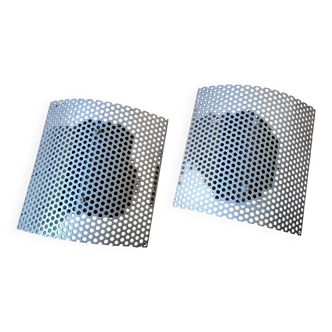 Pair of brutalist style wall lights, perforated metal plate, Italian design 1980s