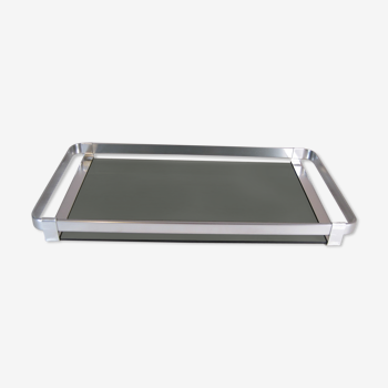 Italian design tray 1970 brushed stainless steel and MB Italy in smoked glass