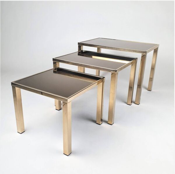 Ensemble de 3 tables gigognes plaquées or 24 carats par Belgo Chrom, années 1970
