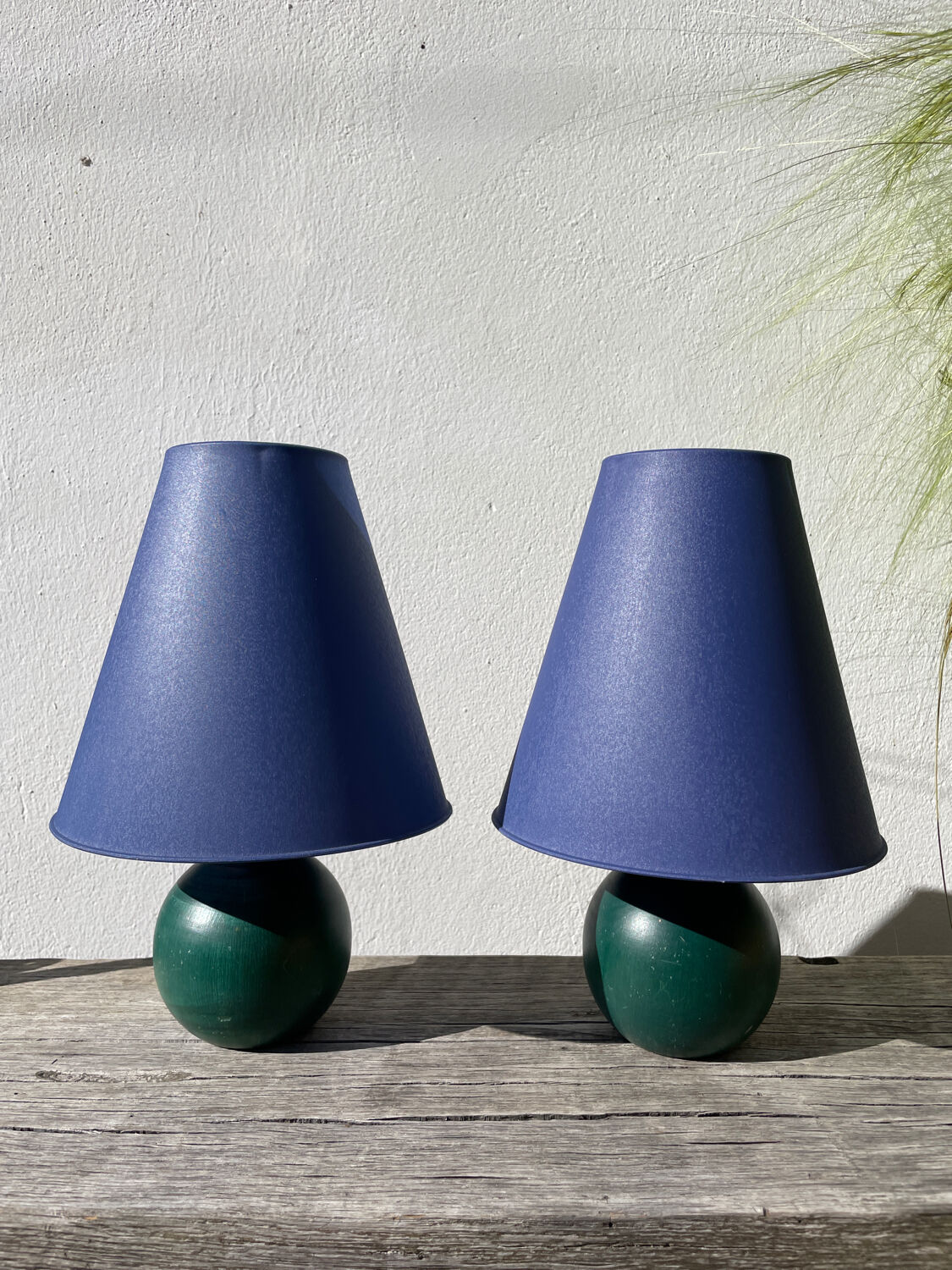 Pair of green and blue wooden ball lamps