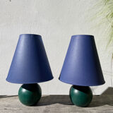 Pair of green and blue wooden ball lamps