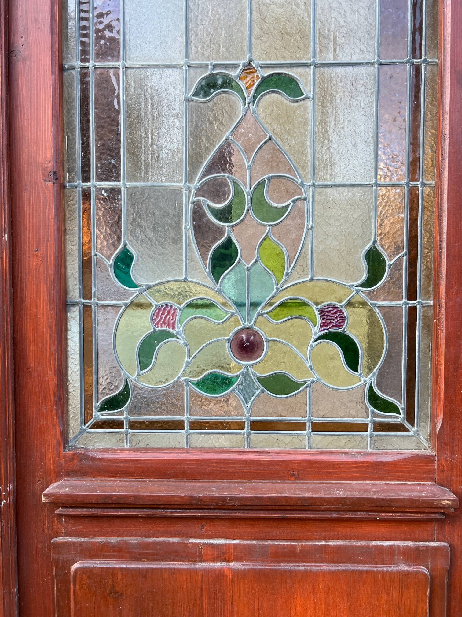 Portes de magasin fin XIXem, devanture de mercerie avec vitraux Art Nouveau