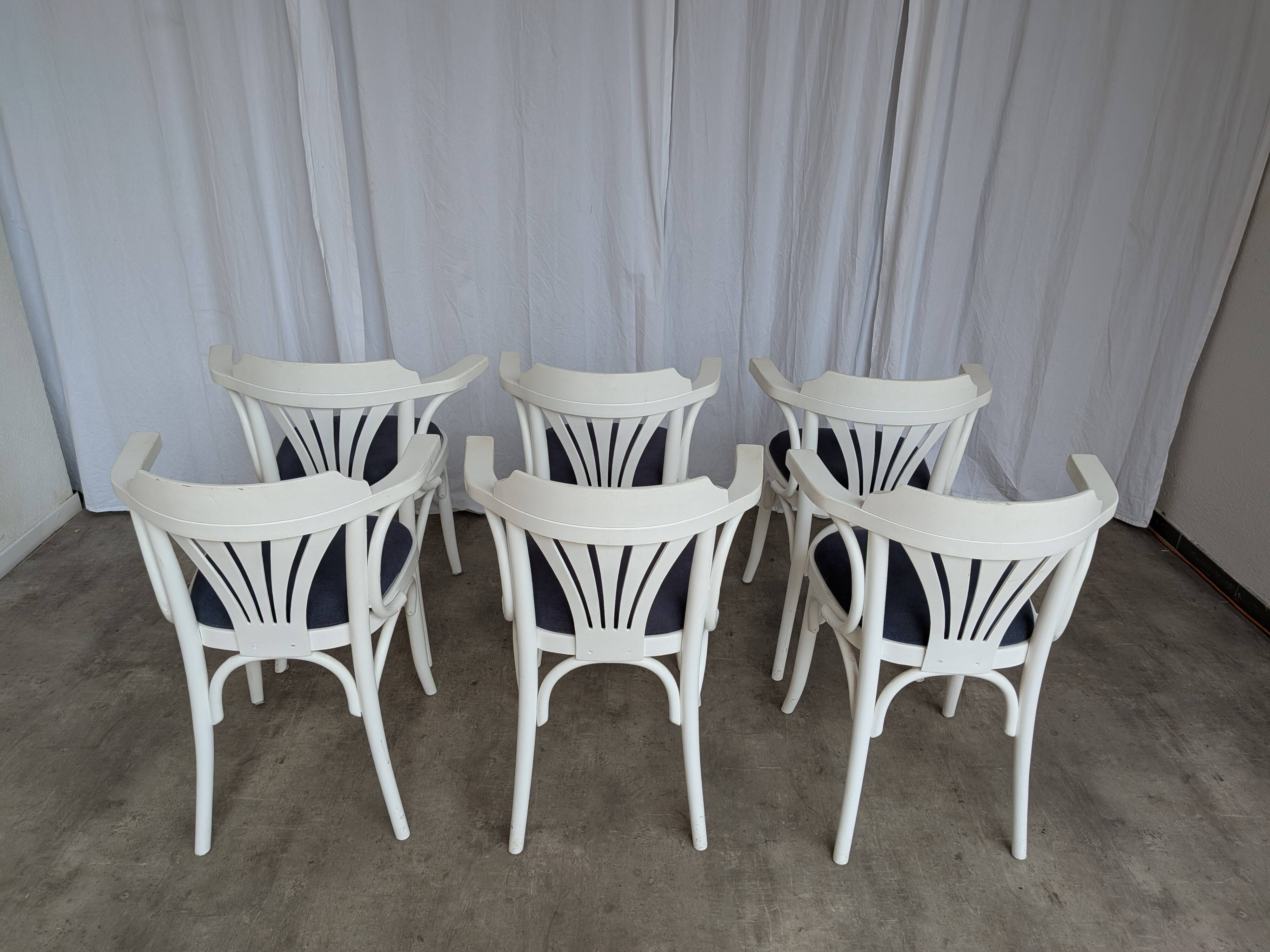 Ensemble de 6 chaises de salle à manger vintage en bois courbé blanc / fauteuil de style Thonet des années 1970