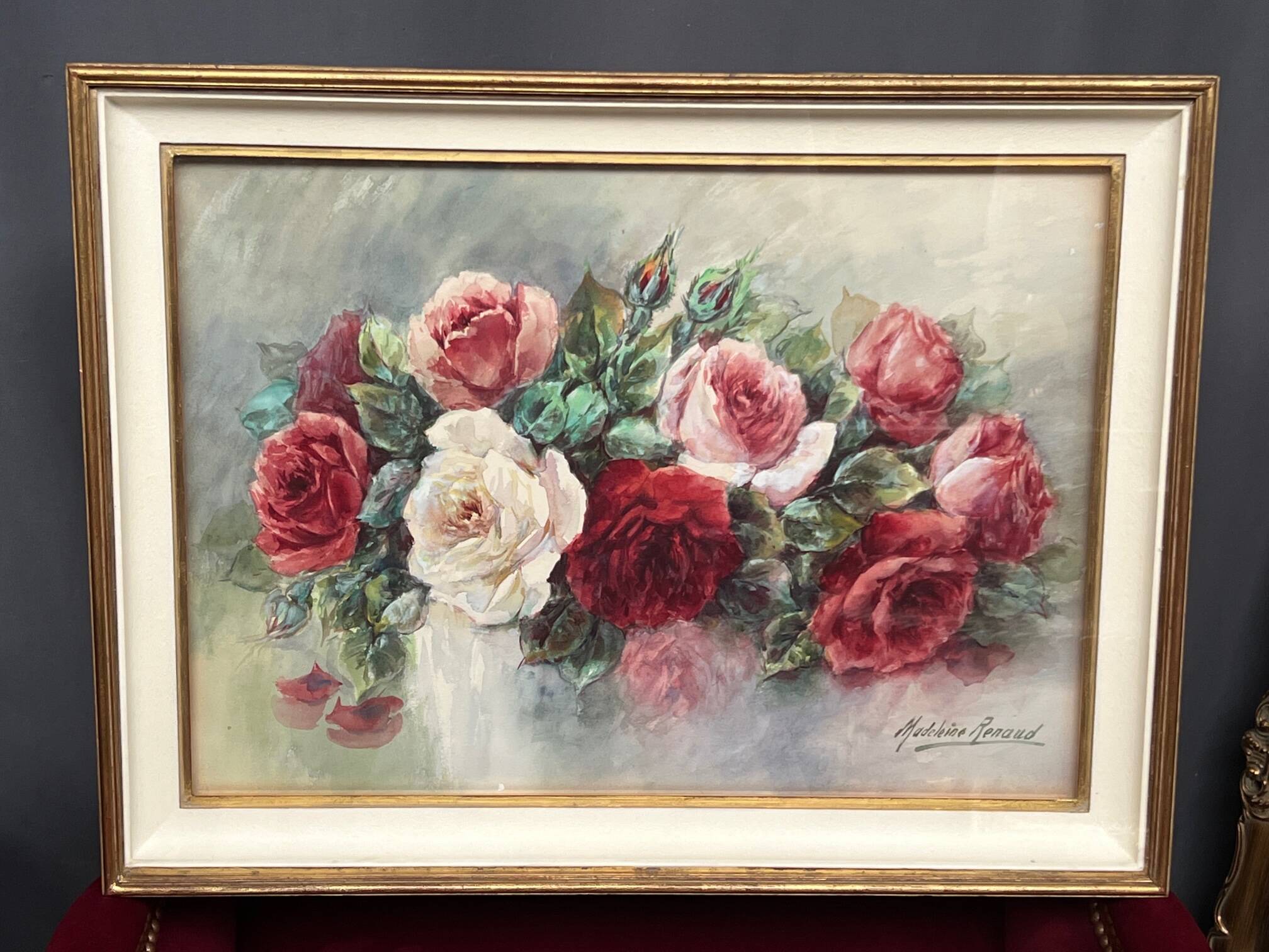 Nature morte "Roses" à l'aquarelle, Madeleine Renaud (1900-1994)