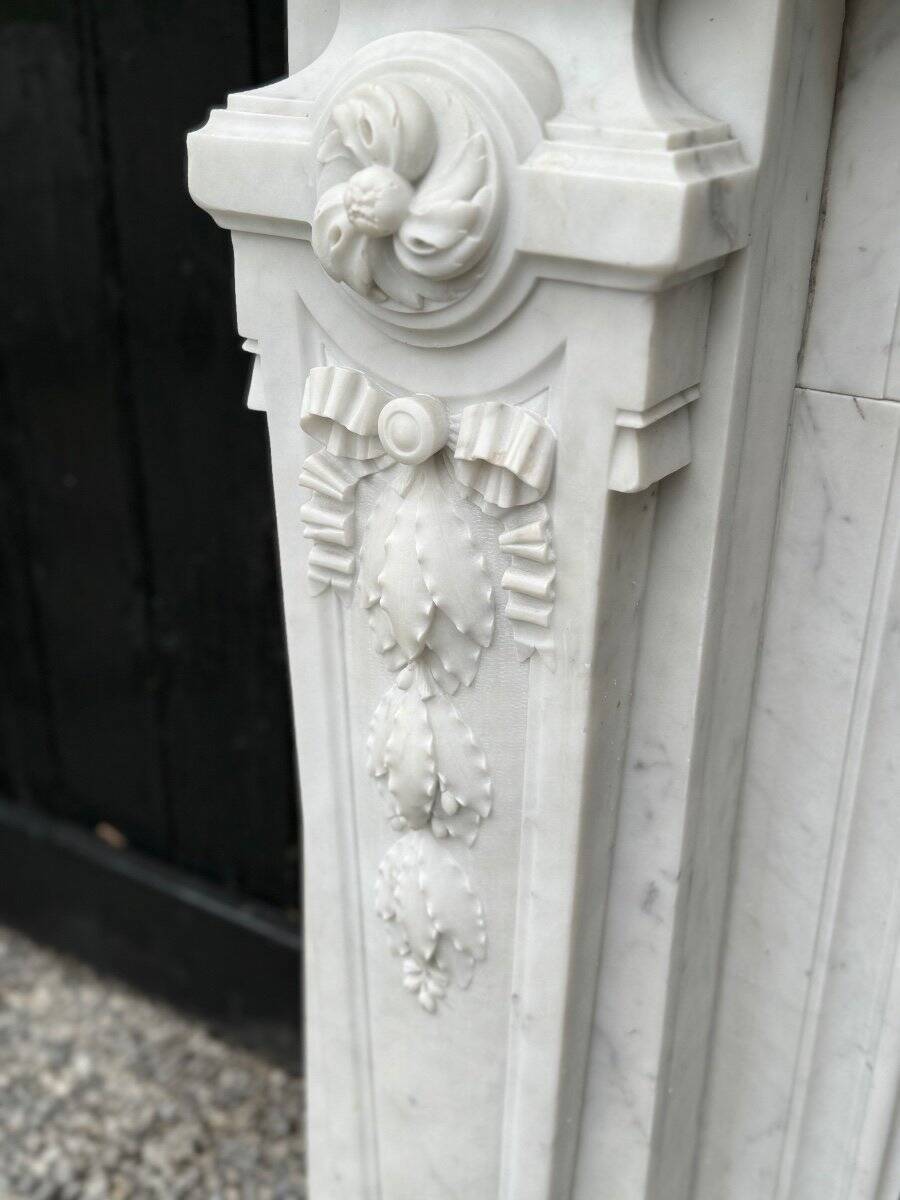 Louis XVI Style Fireplace in White Carrara Marble Circa 1880