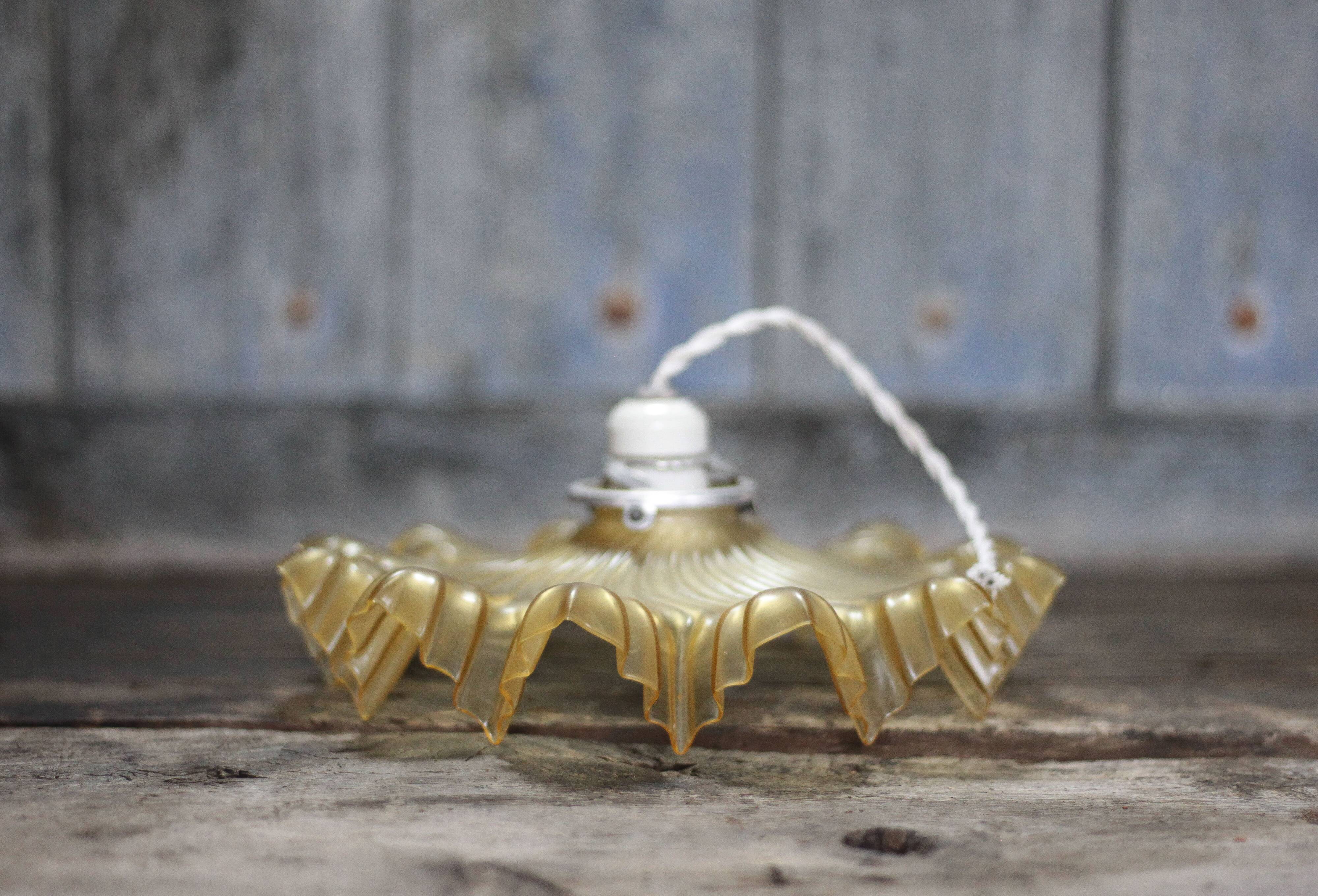Vintage yellow glass suspension with corolla, glass chandelier, ceiling lamp.