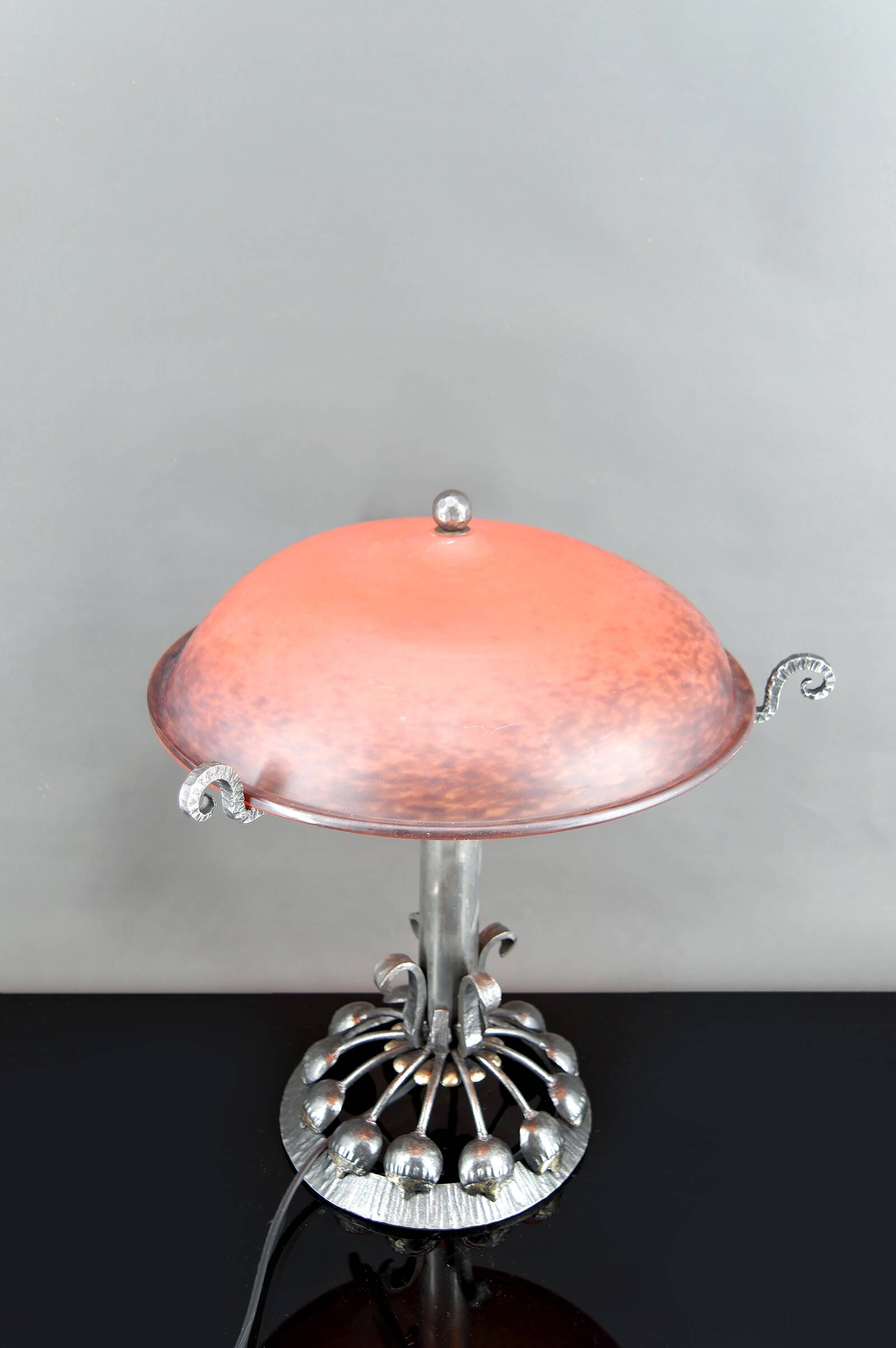 Important Stylized Wrought Iron Lamp with Glass Dome, c. 1930
