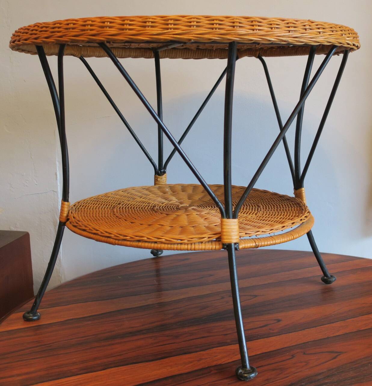 Mid century rattan and iron 2-level coffee or side table, 1960s