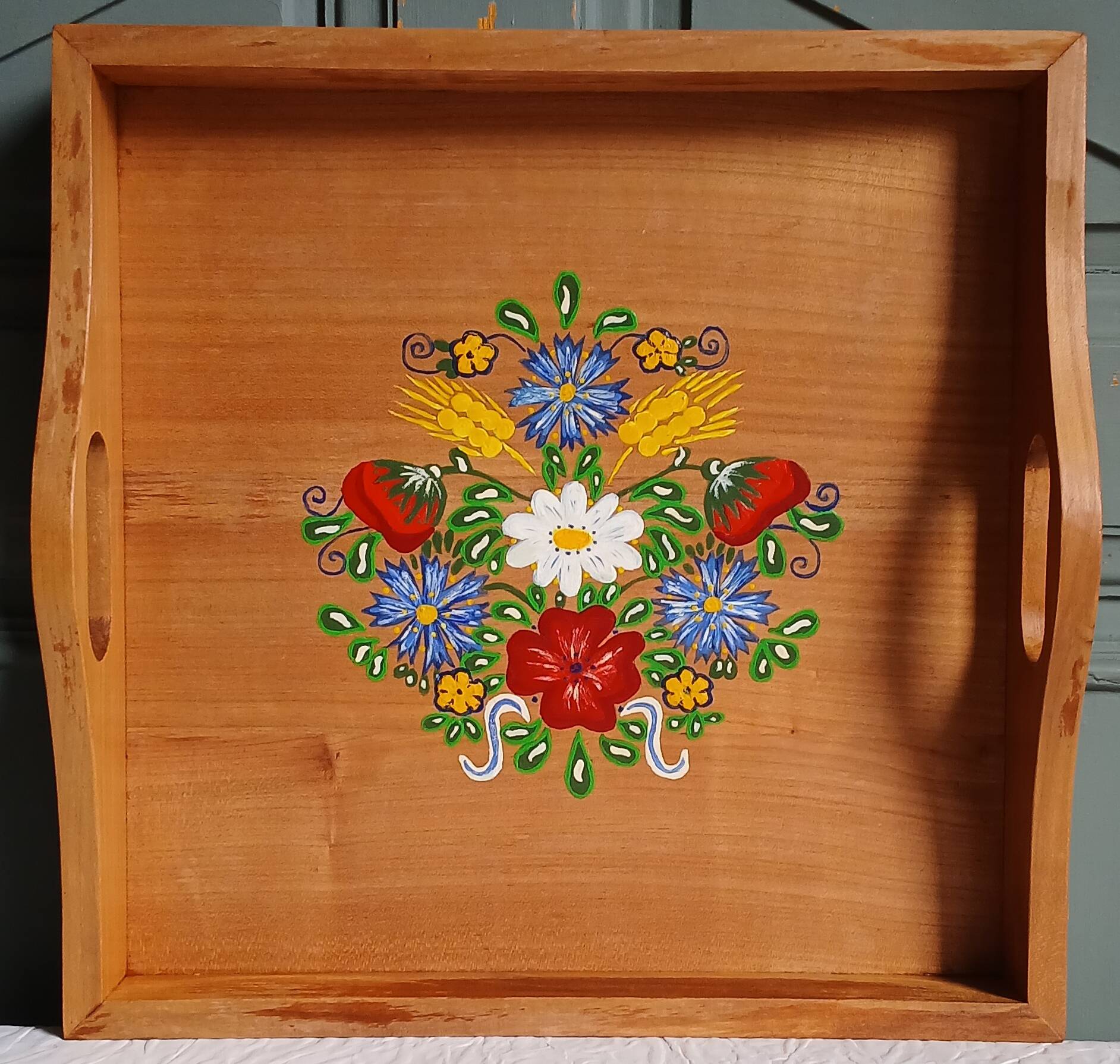 Hand-painted solid wood serving tray, folk art