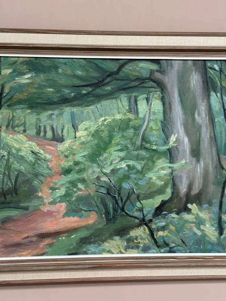 Original Swedish Oil on Canvas – "Path through the Forest" by H.J. Larsson – Signed, Vintage and Framed – 70 x 50 cm (27.5 x 19.6 inches)