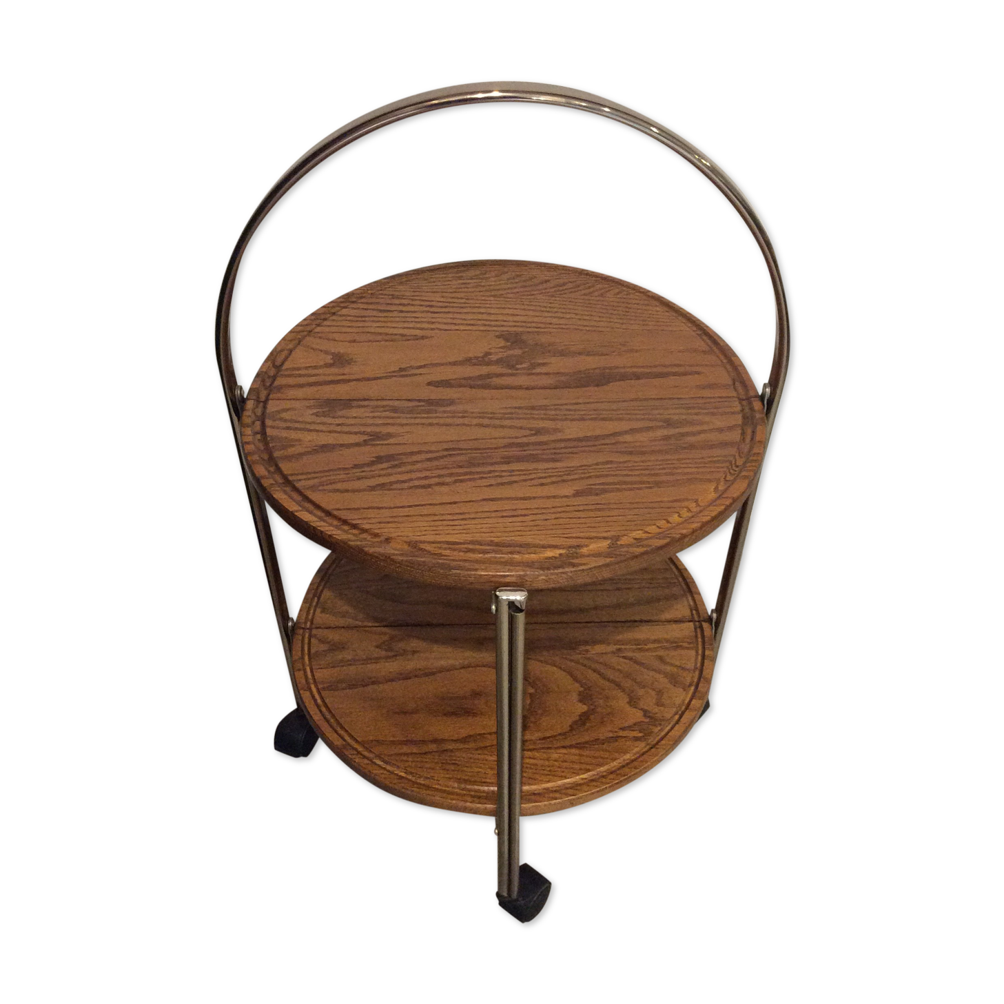 Round vintage foldable wooden and brass server