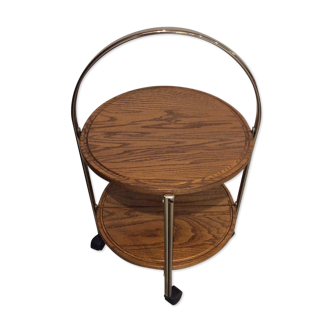 Round vintage foldable wooden and brass server