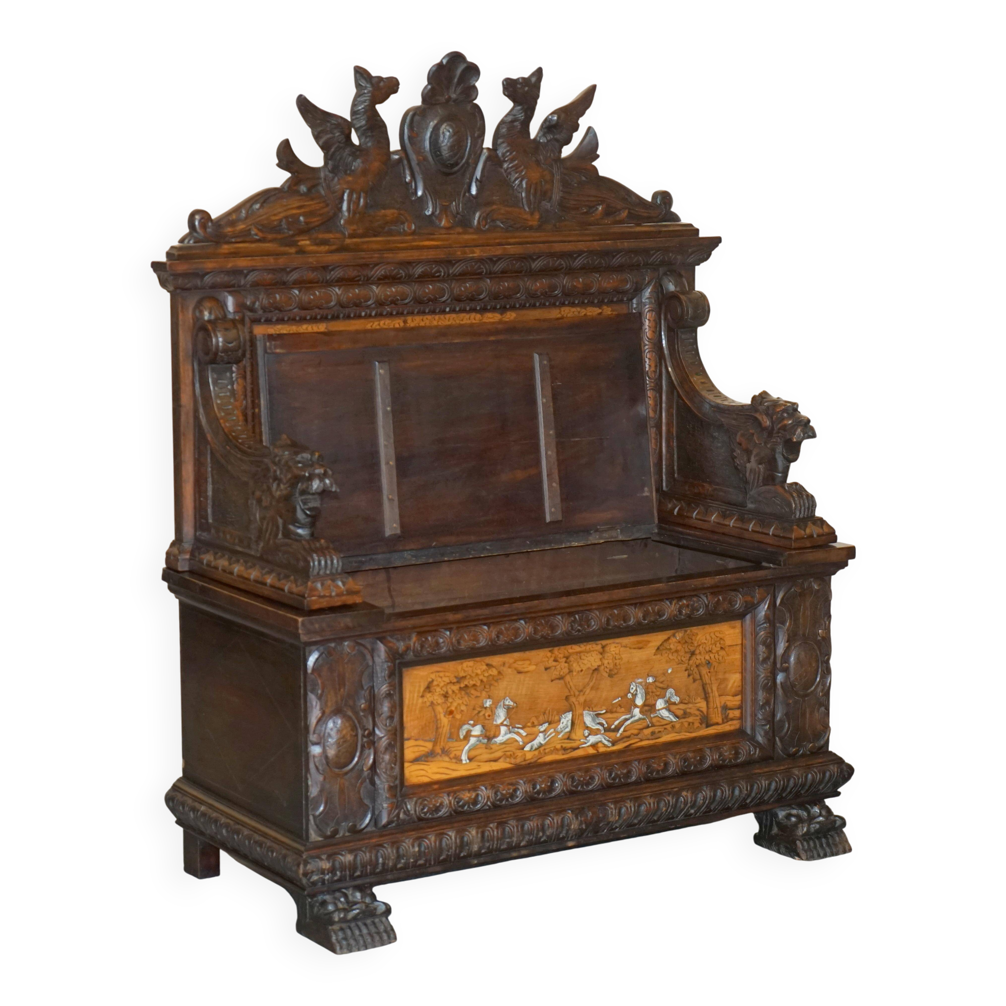 Banc Monks Antique Sculpté Lion Griffon 1860 avec Rangement