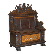 Banc Monks Antique Sculpté Lion Griffon 1860 avec Rangement